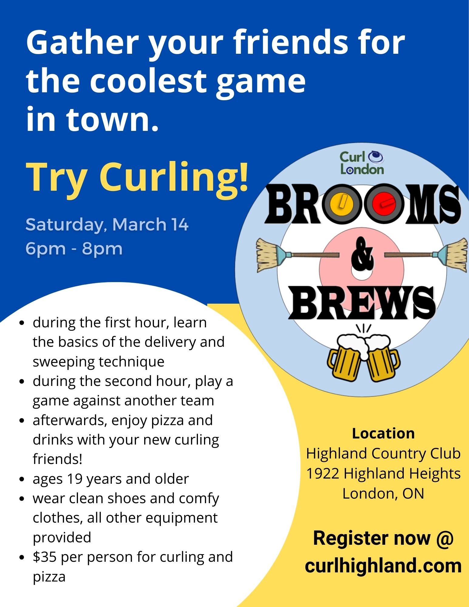Try Curling - Brooms & Brews March 2026 Poster Brooms Brews CurlLondon